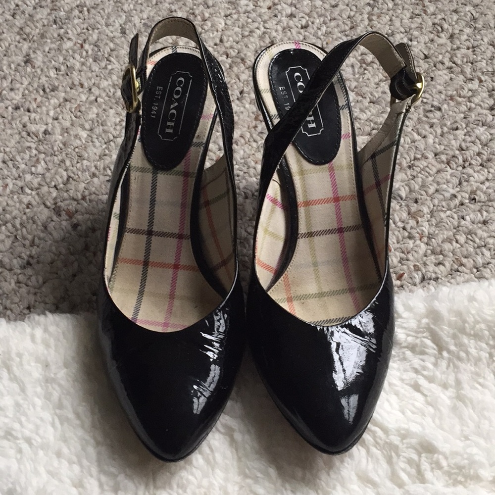 Coach Adie Black patent leather sling back heel